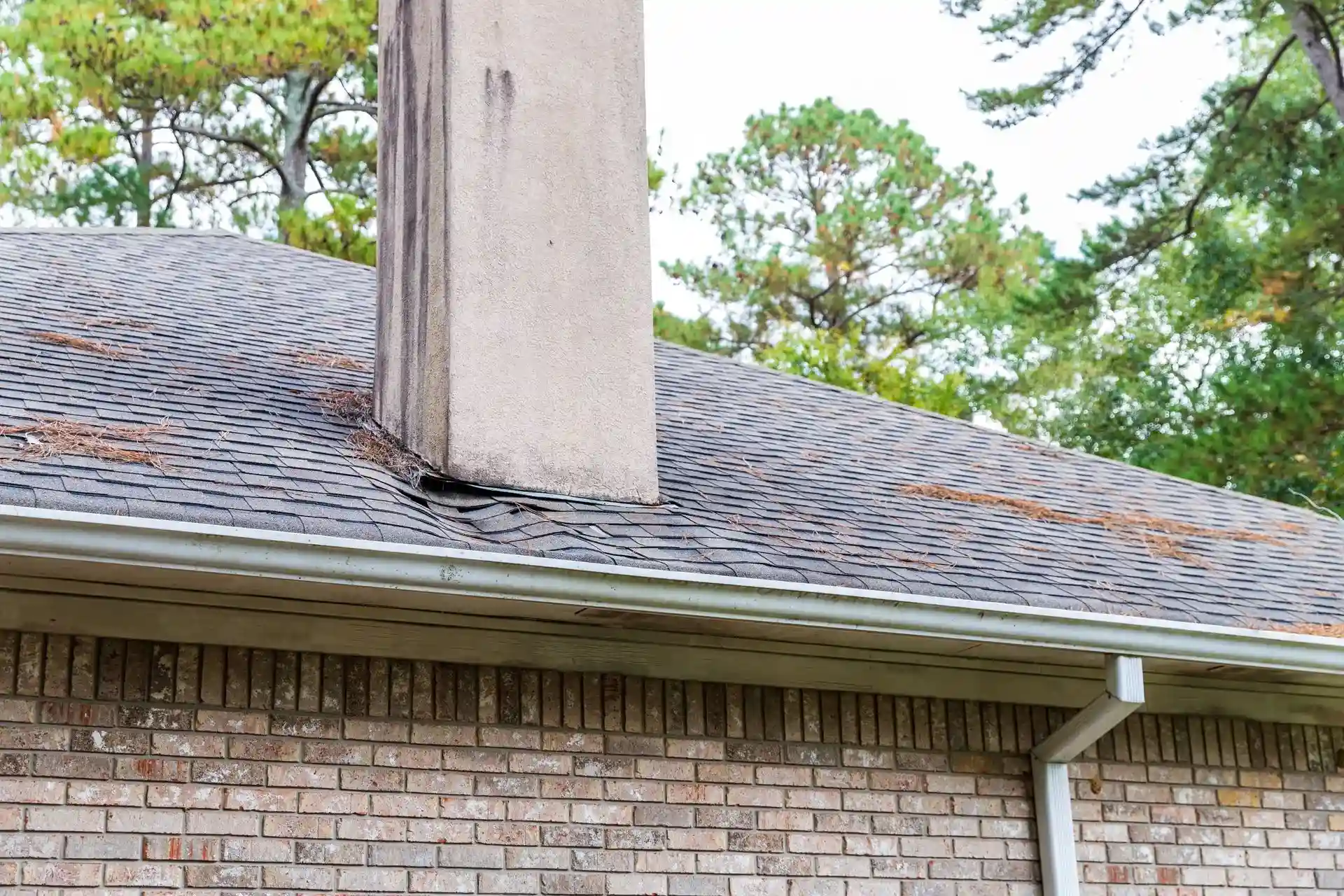 An employee is perched on a step ladder doing routine home maintenance for rain gutters